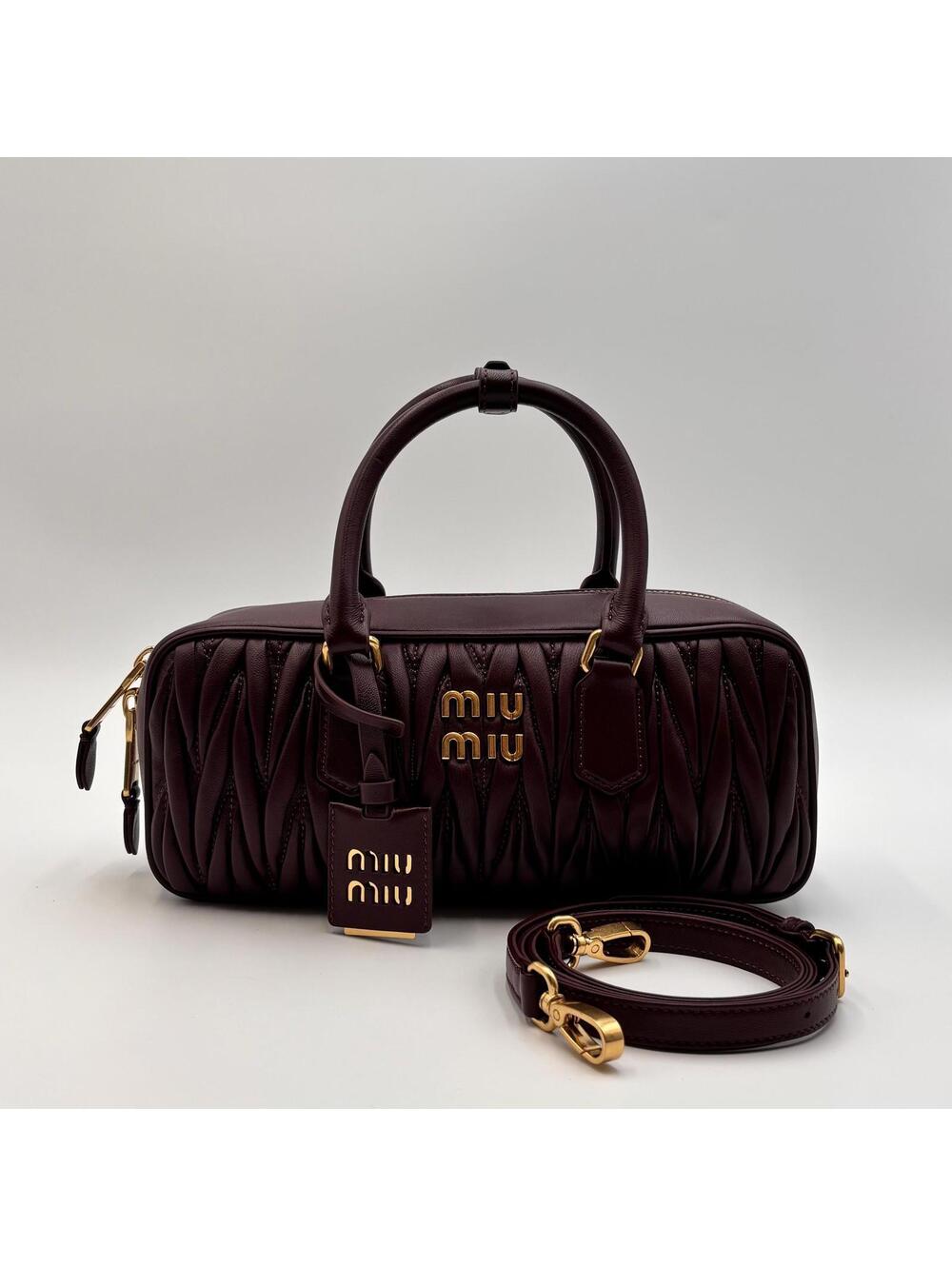 Miu Miu Arcadie Burgundy Matelassé Leather Top Handle Boston Bag With Strap - Picture 2 of 10